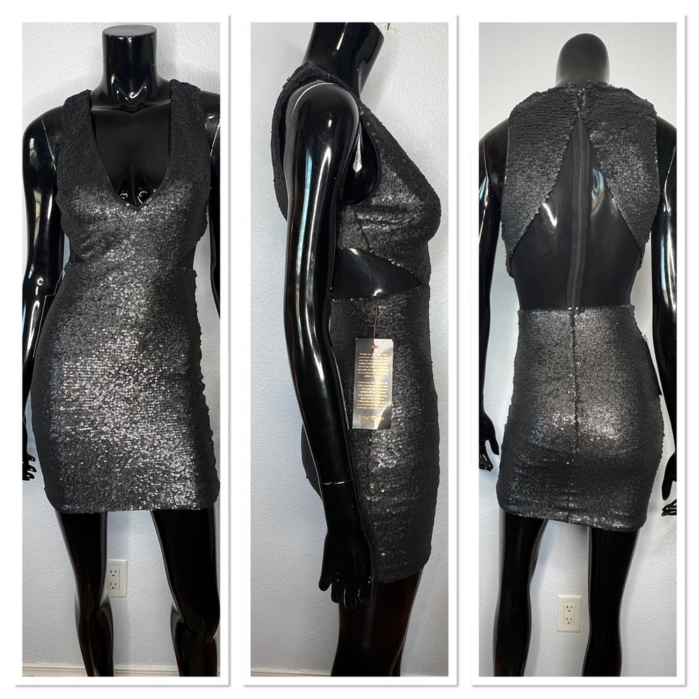 Bebe V-Neck Mesh & Glitter Bodycon Sequin Mini Dress Sz 2 NWT Black